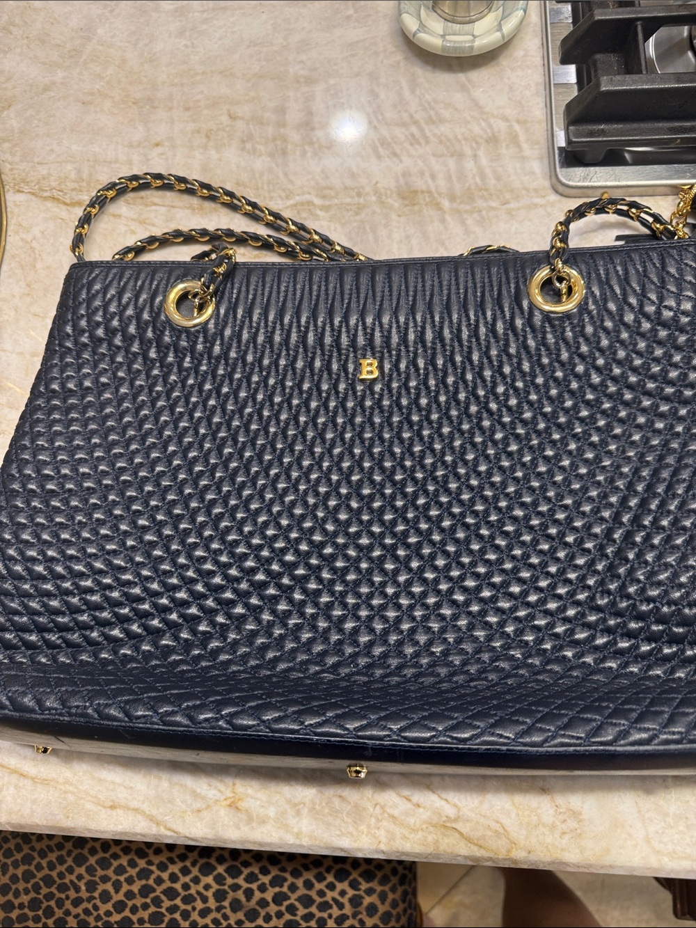 Bally Navy Quilted Shoulder Bag with Gold Chain Detail